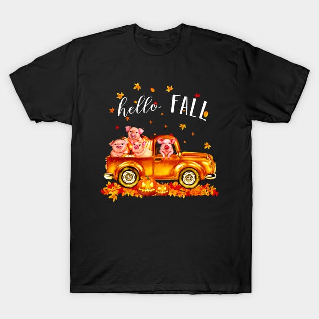 Pigs Hello Fall - Pigs In Car Pumpkin Halloween T-shirt Pigs Autunm Gift T-Shirt by kimmygoderteart